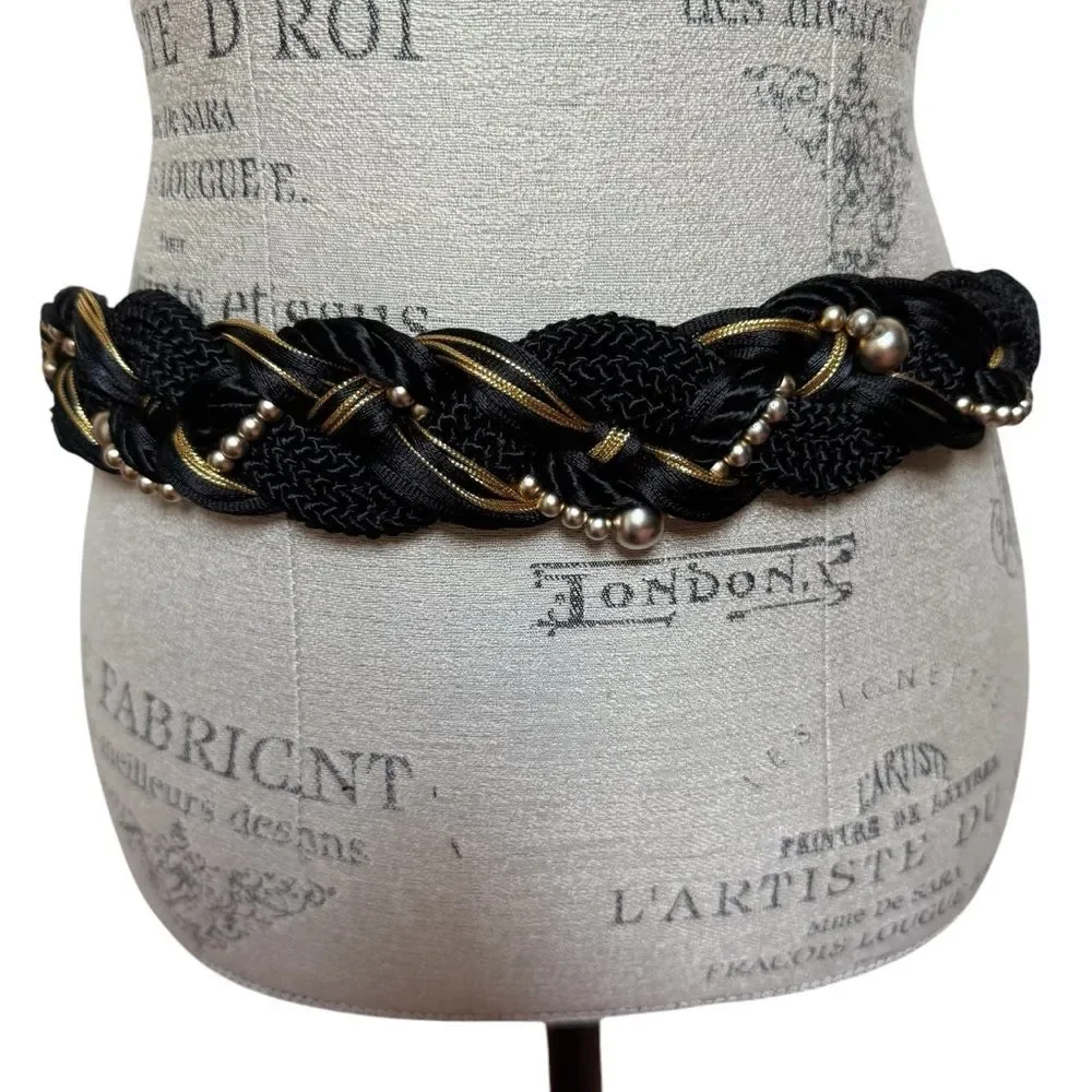 Vintage 80s Motion East Ornate Braided Macrame Belt Black Gold Sz M/L